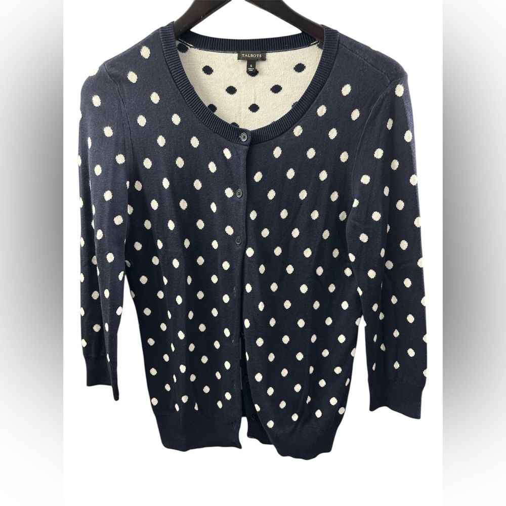 Talbots Navy White Polka Dot Sweater Small Coastal Grandma Nautical Staple